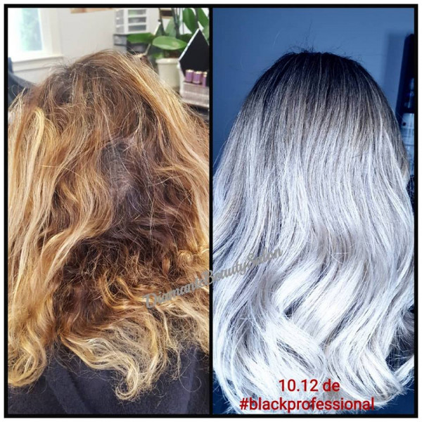 4_Avant/Aprés : Décoloration à blanc et application Black Sintesis 10.12 (Blond très pâle argent)).